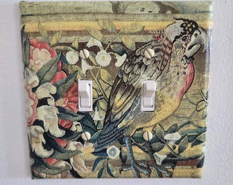 Oversized Decoupage Switch Plate: Frowning Parrot From Antique Tapestry Image -- Jumbo Double Outlet -- 5.25" x 5.25"