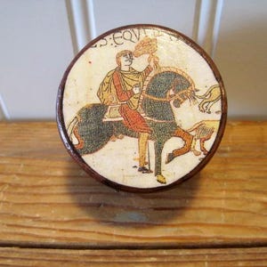 Bayeux Tapestry -- Decoupage Pill Box with Hand Painted Gold Trim -- Large, 2&quot;