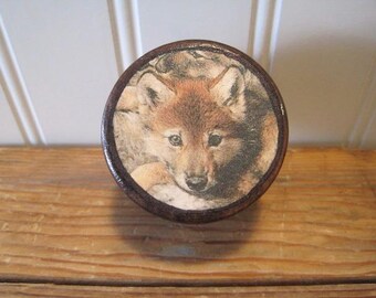 Fox Portrait -- Decoupaged Pill Box with Hand Painted Gold Trim -- Large, 2"