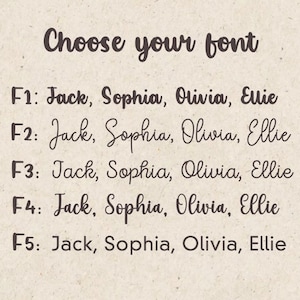 K&ouml;nnte beinhalten: Beigefarbener Hintergrund mit dem Text "Choose your font" in dunklem Braun, handschriftlich. Darunter werden f&uuml;nf Schriftoptionen angezeigt, jeweils mit den Namen Jack, Sophia, Olivia und Ellie.