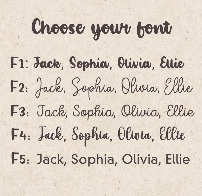 K&ouml;nnte beinhalten: Beigefarbener Hintergrund mit dem Text "Choose your font" in dunklem Braun, handschriftlich. Darunter werden f&uuml;nf Schriftoptionen angezeigt, jeweils mit den Namen Jack, Sophia, Olivia und Ellie.