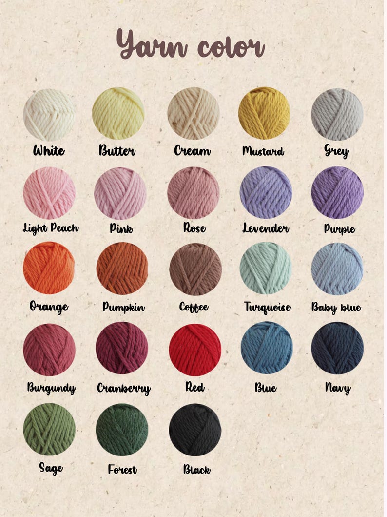 K&ouml;nnte beinhalten: Eine Farbkarte mit Garnkugeln in verschiedenen Farbt&ouml;nen. Der Text "Yarn color" steht oben. Zu den Farben geh&ouml;ren Wei&szlig;, Butter, Creme, Senf, Grau, Hellrosa, Rosa, Rose, Lavendel, Lila, Orange, K&uuml;rbis, Kaffee, T&uuml;rkis, Babyblau, Burgunder, Preiselbeere, Rot, Blau, Marine, Salbei, Wald und Schwarz.