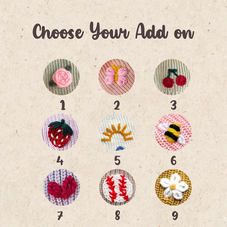 K&ouml;nnte beinhalten: Das Bild zeigt neun gestickte Aufn&auml;her mit verschiedenen Designs, darunter eine rosa Rose, ein Schmetterling, Kirschen, eine Erdbeere, eine Sonne, eine Biene, Herzen, ein Baseball und eine wei&szlig;e Blume. Der Text "Choose Your Add on" steht oben.