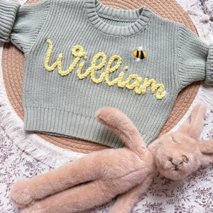 K&ouml;nnte beinhalten: Hellgr&uuml;ner Strickpullover mit dem Namen "William" in gelber Schrift und einer kleinen Bienenapplikation. Ein hellbraunes Pl&uuml;schkaninchen liegt darunter auf einer floral gemusterten Oberfl&auml;che. Der Pullover hat lange &Auml;rmel.