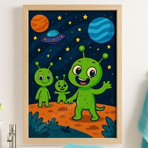 Friendly Alien Space Art – Cartoon Galaxy Printable – Kids Room Wall Decor – Digital Download