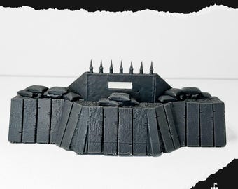 May include: A black model of reinforced trenches, featuring vertical wooden planks, sandbags, and a central structure with spikes. The text "REINFORCED TRENCHES" is at the top. The design is for tabletop gaming.