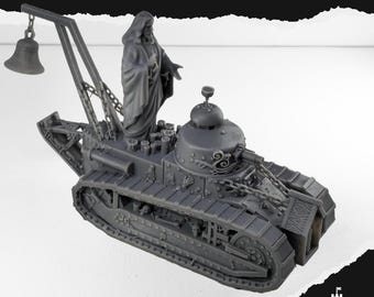 May include: A gray miniature tank with a statue of a person on top, a bell, and the text "FT-MERCIFUL". The tank has intricate details, including chains and decorative elements. The logo "KEEP DESIGN" is in the bottom right corner.