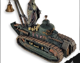 May include: A detailed model of a military tank with a religious figure standing on top. The tank is painted in shades of green and brown, with decorative elements and a bell hanging from a crane. Skulls and bones are visible on the tank's exterior.