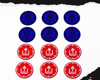 May include: Nine circular game tokens. Six blue tokens feature a black lock symbol. Three red tokens have a white upward arrow symbol. The text "MCP OBJECTIVE TOKENS" is at the top.