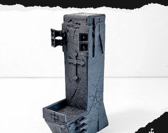 May include: A dark gray, textured, 3D-printed model of a gothic-style structure. The model features a cross, rectangular details, and the text "VOICE OF SALVATION". The base has a stepped design. The Keep Design logo is visible.