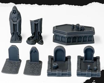 May include: A collection of miniature gray cemetery-themed figurines, including a coffin, tombstones, and hooded figures. The text "ABANDONED CEMETERY" is at the top. The Keep Design logo is in the bottom right corner.