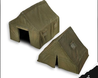 May include: Two olive green miniature tents. One tent has an open doorway, and the other has a closed doorway. Both tents have small square windows. The tents are made of a textured material and are set against a white background.