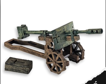 May include: A miniature wooden cannon model with a weathered green and brown finish. The model features two spoked wheels, a barrel with three holes, and a small wooden box with a cross.