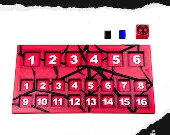 May include: Red MCP Tracker with white numbers 1-16. Includes black and blue cubes, and a red die with a spiderweb design. The text "MCP TRACKER" is at the top.