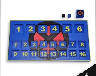 May include: A blue game board with yellow numbers 1-16, a central graphic, and three small blocks. The board has a yellow border and the text "KEEP DESIGN" in the bottom right corner. The blocks are black, blue, and a cube with a graphic.