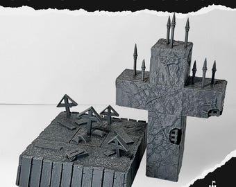 May include: A concrete cross set with a large cross and a smaller rectangular base with miniature crosses and a tombstone. The set is gray and has a weathered appearance, with the text "CONCRETE CROSS SET" at the top.