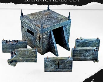 May include: A small bunker and concrete barricades set. The set includes a large bunker with a textured roof and cross details, and several smaller barricades. The text "SMALL BUNKER+CONCRETE BARRICADES SET" is at the top of the image.