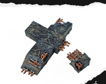 May include: A fallen concrete cross with a weathered, textured appearance. The cross is dark gray with exposed brick-like details. The text "FALLEN CONCRETE CROSS" is at the top of the image.