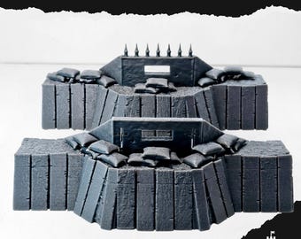May include: Gray reinforced trenches with sandbag fortifications and a spiked top. The image includes the text "REINFORCED TRENCHES" at the top and the "KEEP DESIGN" logo at the bottom. These trenches are designed for tabletop gaming.