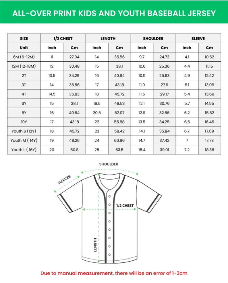 Puede incluir: Tabla de tallas para camisetas de b&eacute;isbol para ni&ntilde;os y j&oacute;venes, con medidas en pulgadas y cm para pecho, largo, hombro y manga. Tallas desde 6 meses hasta juvenil L. Incluye un diagrama de la camiseta.