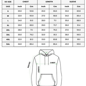 May include: A chart detailing hoodie measurements in inches and centimeters. The chart includes sizes S to 5XL, with chest, length, and sleeve measurements. The text "ALL OVER PRINT HOODIE" is at the top. A diagram of a hoodie illustrates measurement points.