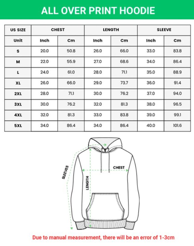 May include: A chart detailing hoodie measurements in inches and centimeters. The chart includes sizes S to 5XL, with chest, length, and sleeve measurements. The text "ALL OVER PRINT HOODIE" is at the top. A diagram of a hoodie illustrates measurement points.