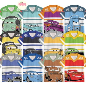 May include: A collection of colorful graphic t-shirts featuring various cartoon car designs. Each shirt has a V-neck and striped sleeves with the number "88" on the sleeves. The shirts come in a variety of colors, including green, blue, yellow, and red.