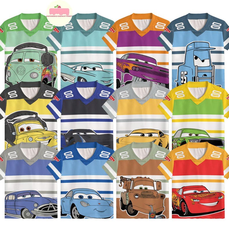 May include: A collection of colorful graphic t-shirts featuring various cartoon car designs. Each shirt has a V-neck and striped sleeves with the number "88" on the sleeves. The shirts come in a variety of colors, including green, blue, yellow, and red.
