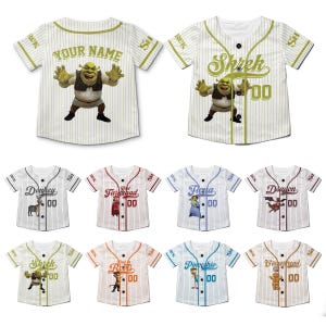 May include: Baseball jerseys with Shrek characters. The jerseys are white with vertical pinstripes and feature characters like Shrek, Donkey, and Fiona. Each jersey has a character image, a name, and the number "00".