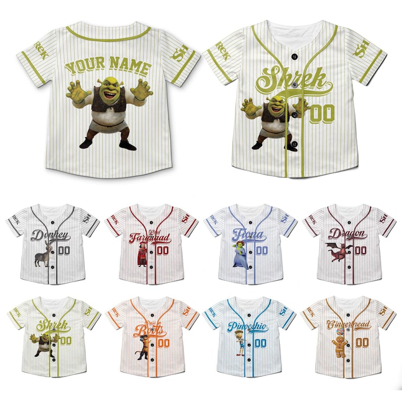 May include: Baseball jerseys with Shrek characters. The jerseys are white with vertical pinstripes and feature characters like Shrek, Donkey, and Fiona. Each jersey has a character image, a name, and the number "00".
