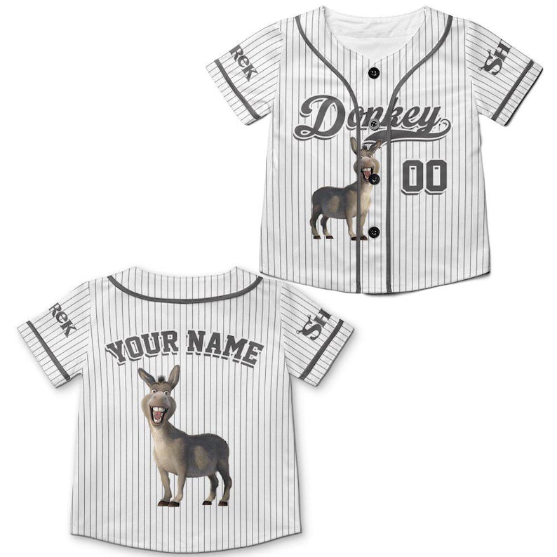 May include: White baseball jersey with vertical pinstripes and gray accents. The front features the word "Donkey" in a stylized font, a cartoon donkey graphic, and the number "00". The back has the text "YOUR NAME" and another donkey graphic.