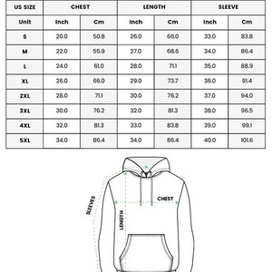 May include: A white diagram of an all-over print hoodie with measurements in inches and centimeters. The size chart includes chest, length, and sleeve measurements for sizes S to 5XL. The text "ALL OVER PRINT HOODIE" is at the top.