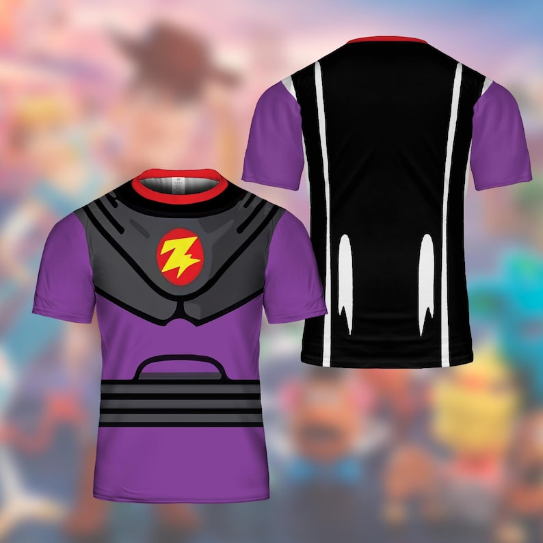 May include: Purple t-shirt with a black and gray design, featuring a red and yellow lightning bolt emblem. The shirt has purple sleeves and a red collar. The back of the shirt is black with white accents.