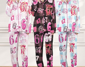 Coquette Six Seven Meme Christmas Pajamas Set, Funny Christmas PJs, Viral Number Print Sleepwear, Matching Xmas Loungewear, 6 7 Trendy Pjs