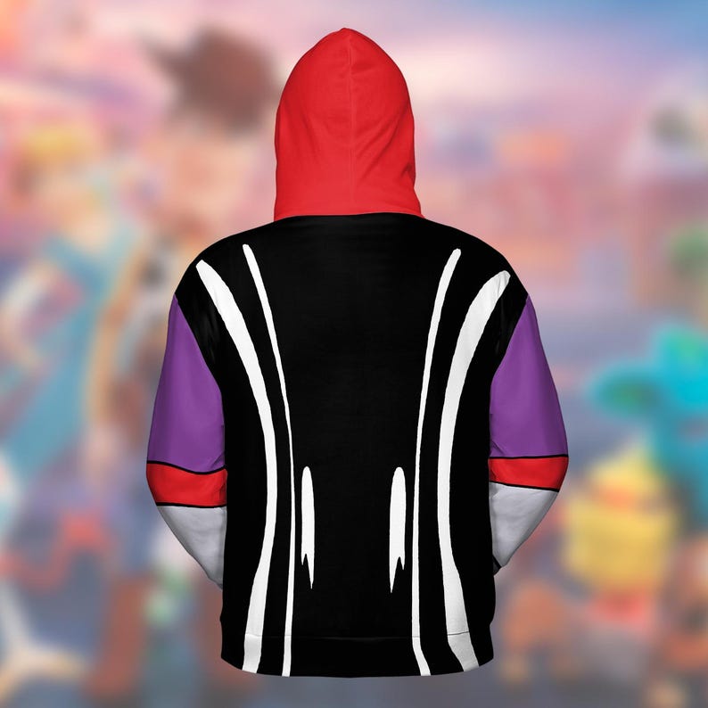 May include: A hooded sweatshirt with a red hood, black torso, and purple sleeves. White curved lines run down the back of the black torso. The sleeves have red and white accents. The background is blurred.