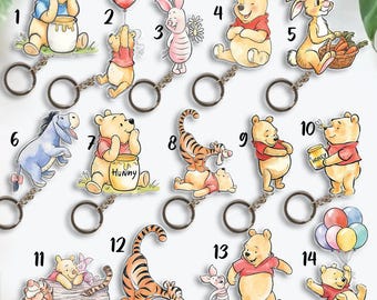 Pooh Friends Keychains, Winnie The Pooh Keychain, Pooh Birthday Gift, Pooh Piglet Tigger Eeyore, Pooh Balloons Keychain, Pooh Watercolor