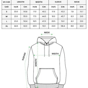 May include: Diagram of a youth hoodie with measurements in inches and centimeters. The chart shows sizes S to XL, with length, width, sleeve, and neck dimensions. Text at the top reads "ALL OVER PRINT YOUTH HOODIE".