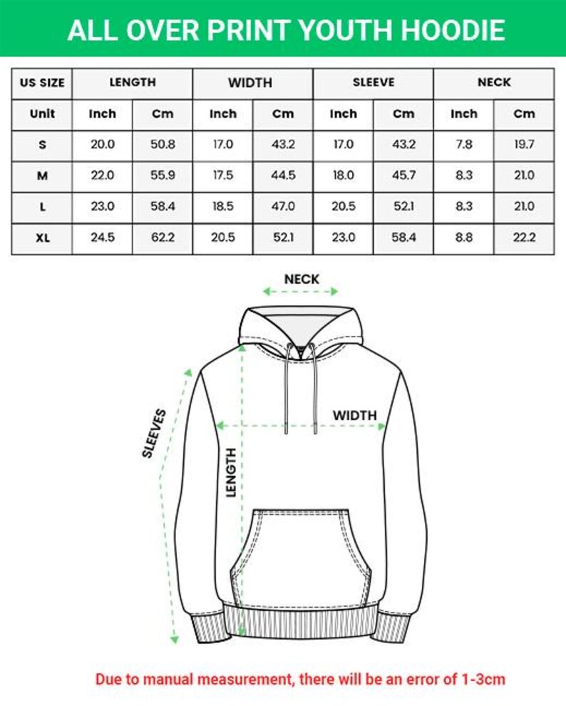May include: Diagram of a youth hoodie with measurements in inches and centimeters. The chart shows sizes S to XL, with length, width, sleeve, and neck dimensions. Text at the top reads "ALL OVER PRINT YOUTH HOODIE".