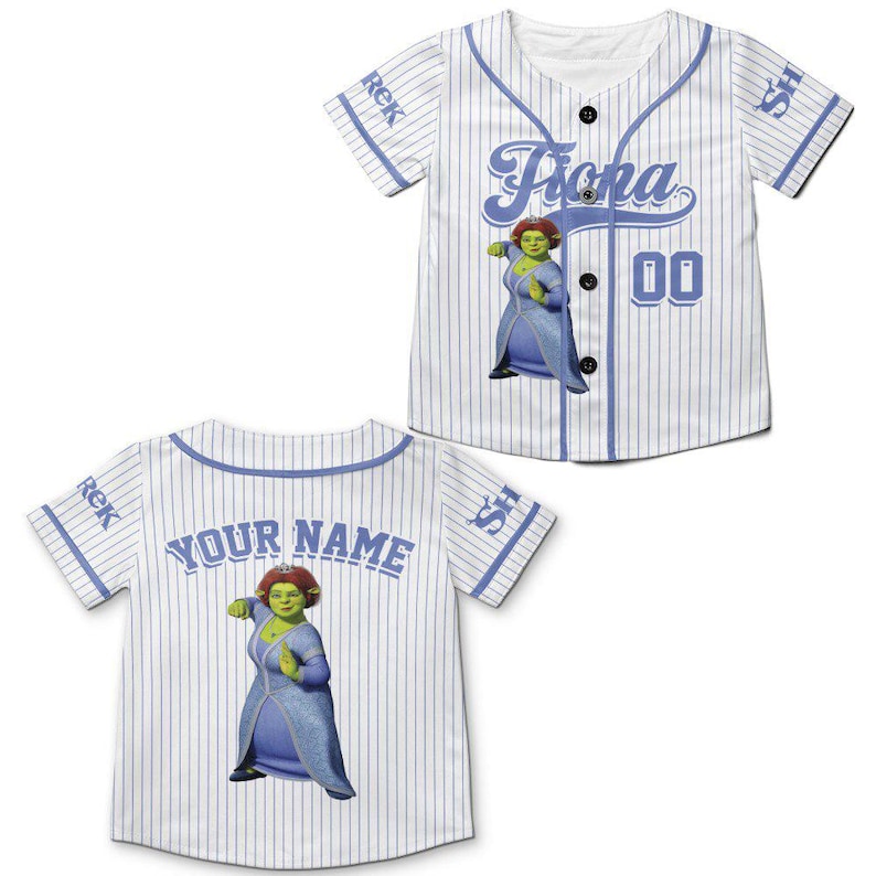 May include: White baseball jersey with blue pinstripes and accents. Features a cartoon image of Princess Fiona, the name "Fiona", and the number "00". The back of the jersey has the text "YOUR NAME" above a Fiona graphic.