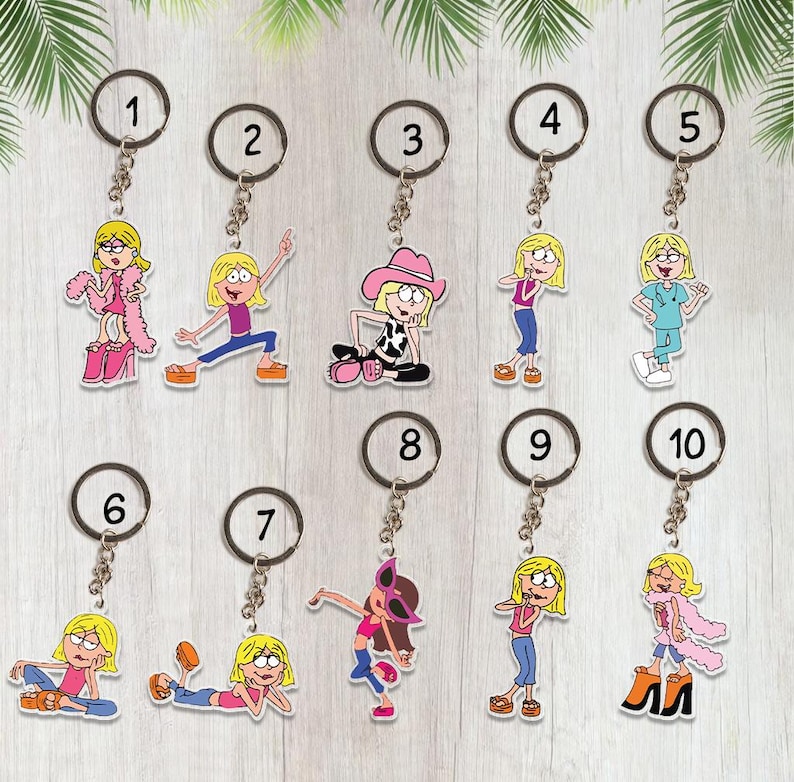 May include: A collection of ten keychains featuring a cartoon character in various poses and outfits. Each keychain has a silver-colored ring and chain. The character is blonde and wears different clothing, including a pink boa, a cowboy hat, and a nurse's uniform.