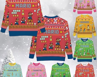 Retro Mario Christmas Ugly Sweater, All Characters Super Mario Movies Xmas Sweater, Christmas Holiday Ugly Sweatshirt, Luigi Yoshi Toad