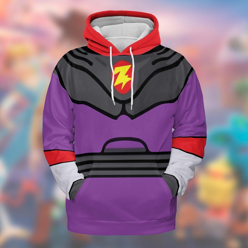 May include: Purple hoodie with a design inspired by a character. The hoodie features a red hood, gray accents, and a yellow lightning bolt emblem. White sleeves with red trim complete the design. The hoodie has a front pocket.