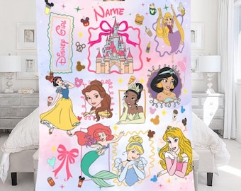 Personalized Watercolor Coquette Bows Disney Princess Blanket, WDW Disneyland Baby Girl Trip Blanket, Disney Princess Birthday Girl Blanket