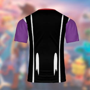 May include: Black athletic shirt with white vertical stripes and purple sleeves. The shirt has a red collar and a unique design on the lower back. The shirt is made of a breathable material, perfect for sports or casual wear.