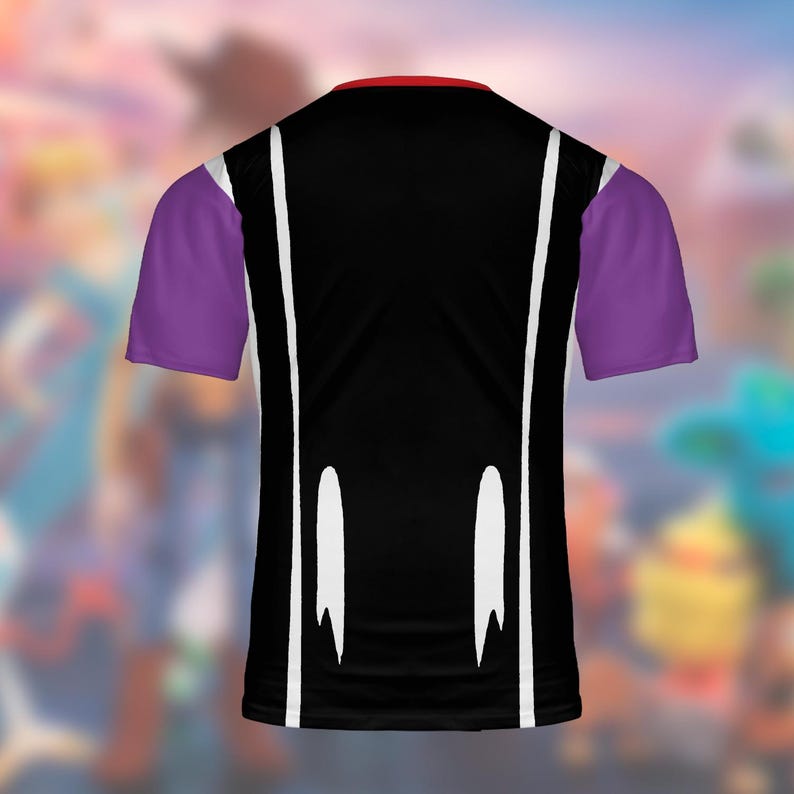 May include: Black athletic shirt with white vertical stripes and purple sleeves. The shirt has a red collar and a unique design on the lower back. The shirt is made of a breathable material, perfect for sports or casual wear.