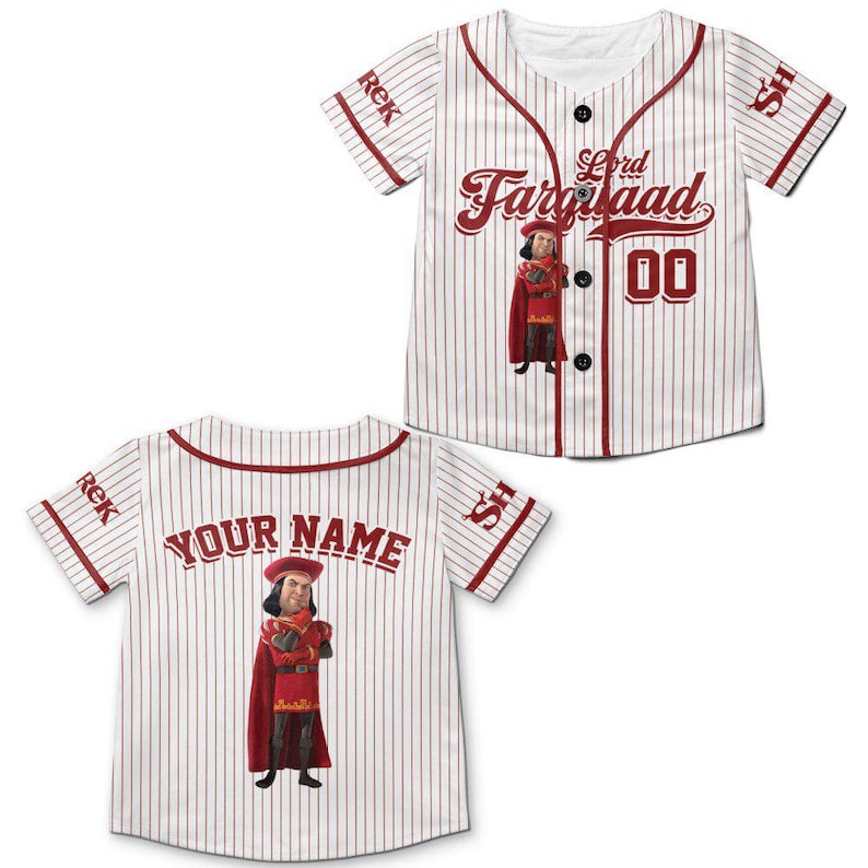 May include: White baseball jersey with red pinstripes, featuring the text "Lord Farquaad" and the number "00". The jersey has a cartoon image of Lord Farquaad. The back of the jersey says "YOUR NAME".
