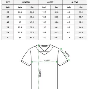 May include: Image shows a size chart for AOP kids and youth football jerseys. Measurements are in inches and centimeters for length, chest, and sleeve sizes. Sizes range from 2T to YL. A diagram of a jersey illustrates the measurement points.