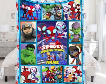 Personalized Spider Man Blanket, Custom Name Superhero Blanket, Disney Birthday Gift, Spidey And His Amazing Friends Blanket Gift for Kids