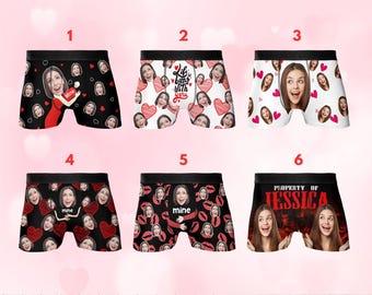May include: Collection of six pairs of boxer briefs with personalized photo designs. Each pair features a black waistband and a unique pattern, including faces, hearts, and text like "Mine" and "Property of Jessica."