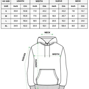 May include: Diagram of a youth hoodie with measurements in inches and centimeters. The chart shows sizes S to XL, with length, width, sleeve, and neck measurements. Text at the top reads "ALL OVER PRINT YOUTH HOODIE."